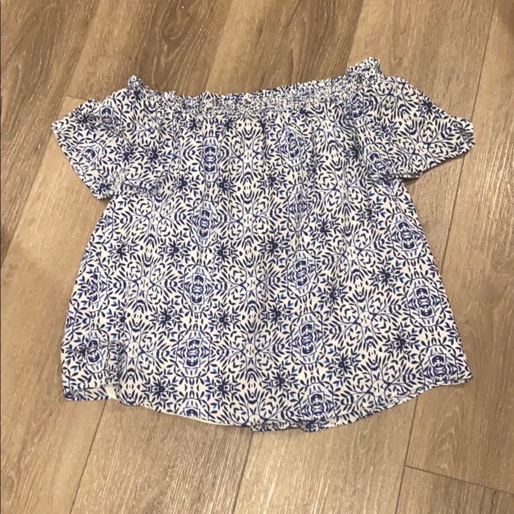 Off the shoulder blue and white print too